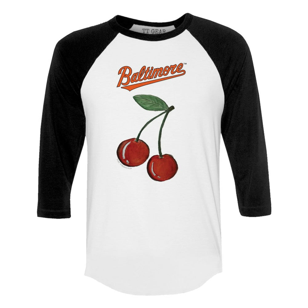 Baltimore Orioles Tiny Turnip Women's Cherries 3/4-Sleeve Raglan Baseball T-Shirt - White