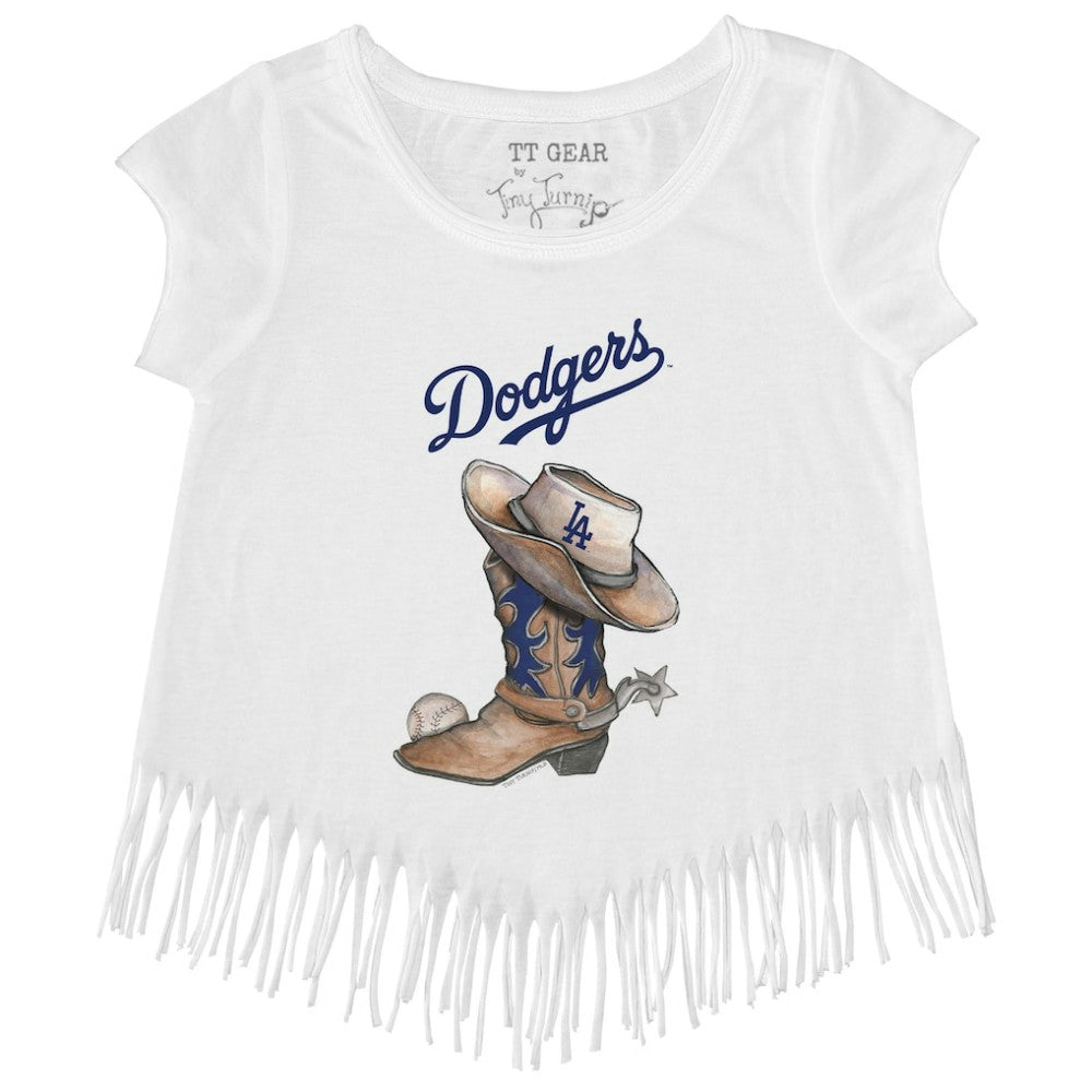 Los Angeles Dodgers Tiny Turnip Girls Youth Cowboy Boot Fringe T-Shirt - White
