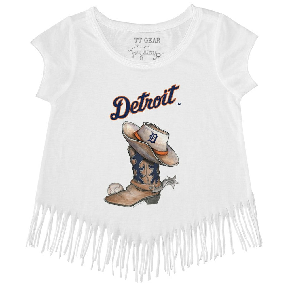 Detroit Tigers Tiny Turnip Girls Youth Cowboy Boot Fringe T-Shirt - White