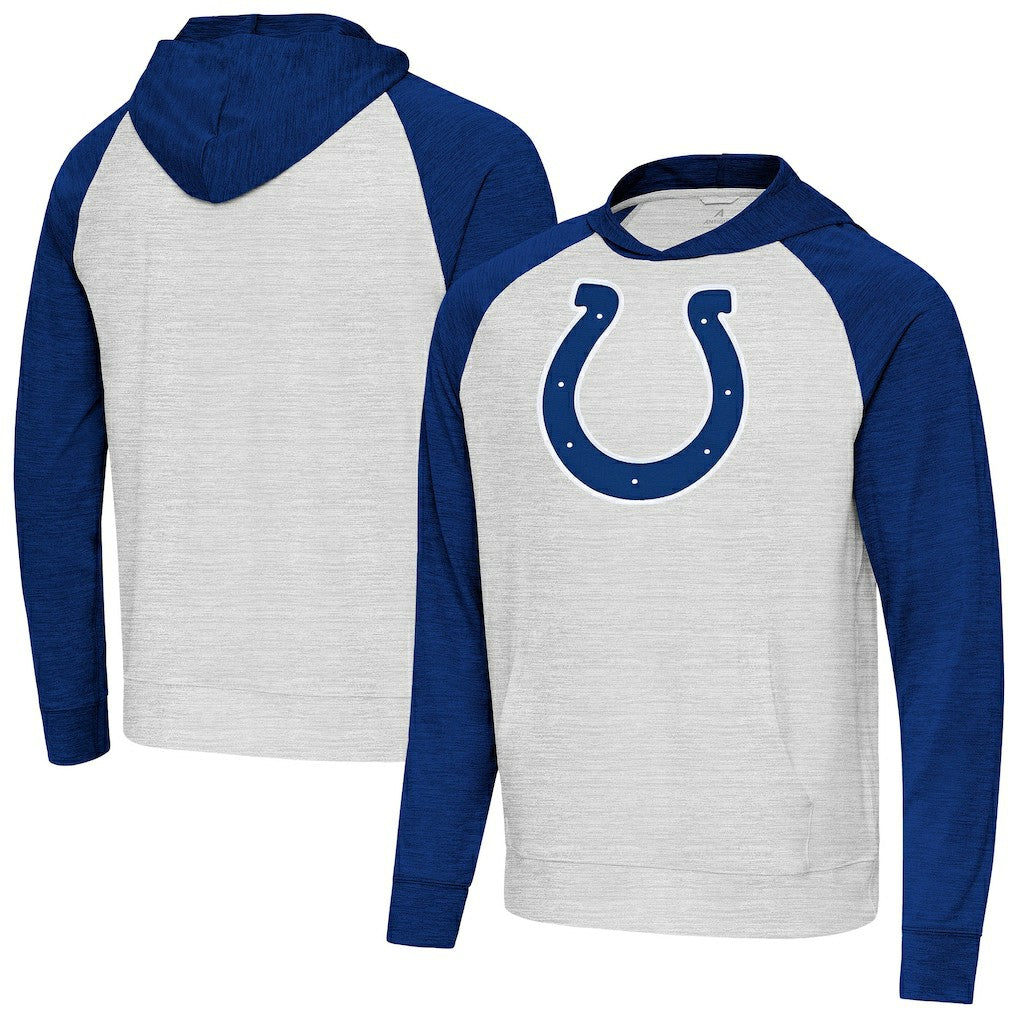 Indianapolis Colts Antigua Urgent Raglan Pullover Hoodie - Heather Gray/Heather Royal online