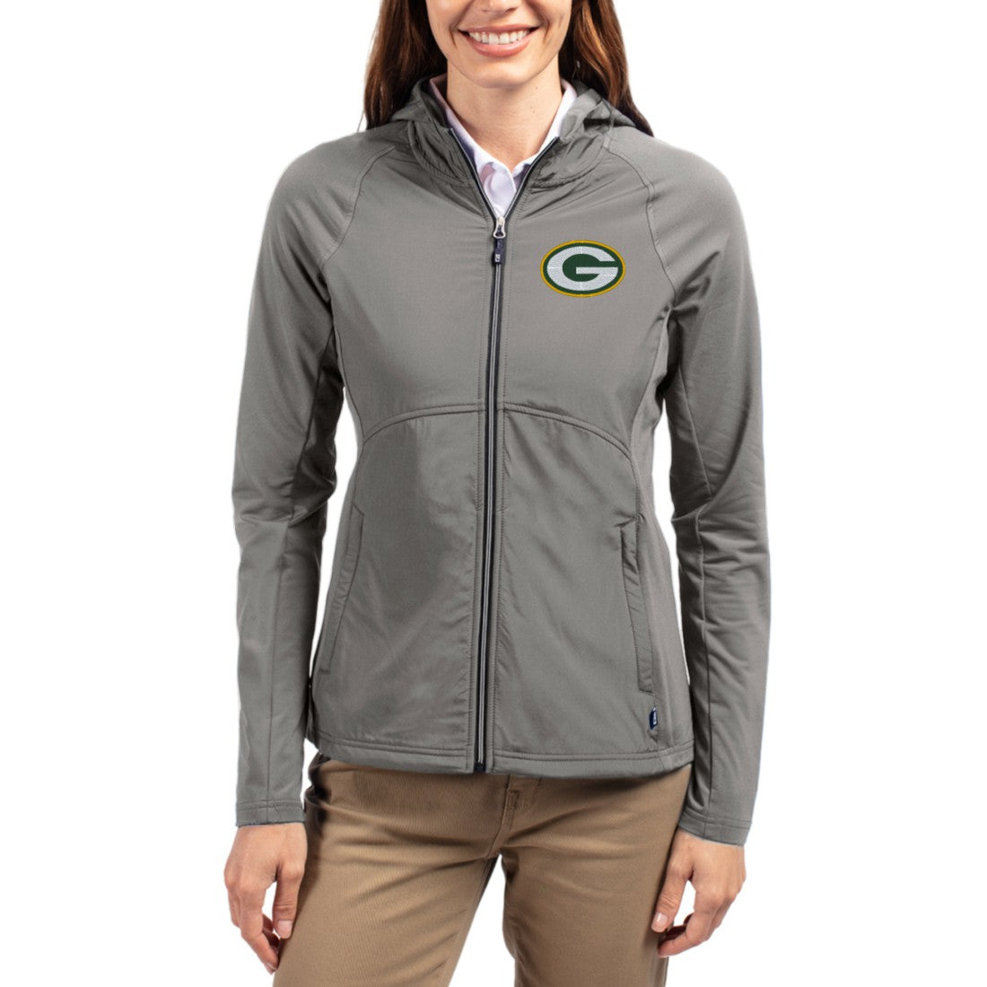 Green Bay Packers Cutter & Buck Women's Adapt Eco Knit Hybrid Recycled Raglan Full-Zip Hoodie Jacket - Gray online