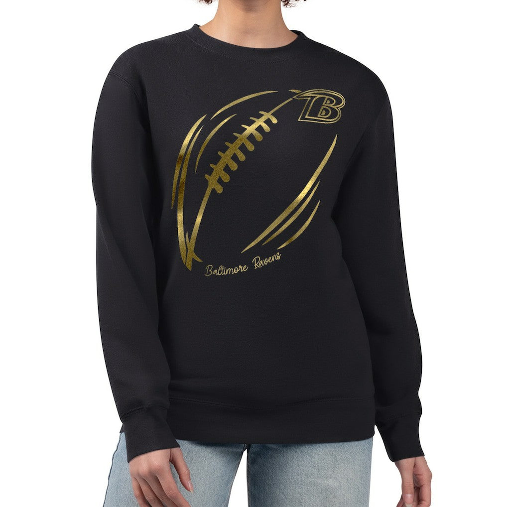 Baltimore Ravens G-III 4Her by Carl Banks Women's Metallic Print Football Sketch Fleece Crewneck Sweatshirt - Black sale