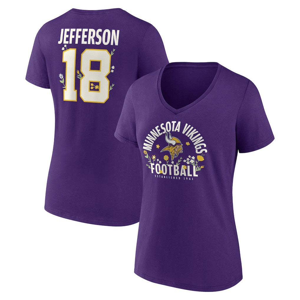 Justin Jefferson Minnesota Vikings Women's Floral Name & Number V-Neck T-Shirt - Purple outlet