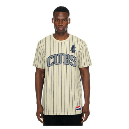 Chicago Cubs Throwback Meshback Pinstripe T-Shirt - Cream | New Era