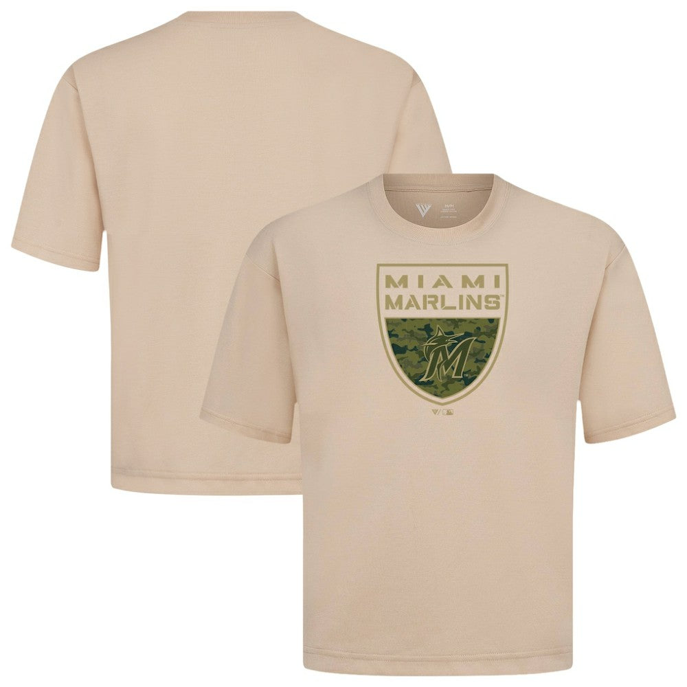 Miami Marlins Levelwear Oversized Luxe Signature Knit Buckler T-Shirt - Khaki