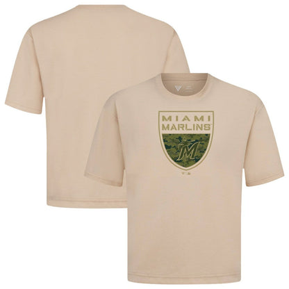 Miami Marlins Levelwear Oversized Luxe Signature Knit Buckler T-Shirt - Khaki