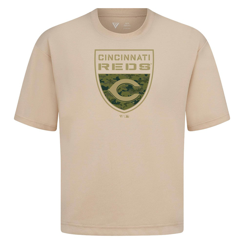 Cincinnati Reds Levelwear Oversized Luxe Signature Knit Buckler T-Shirt - Khaki