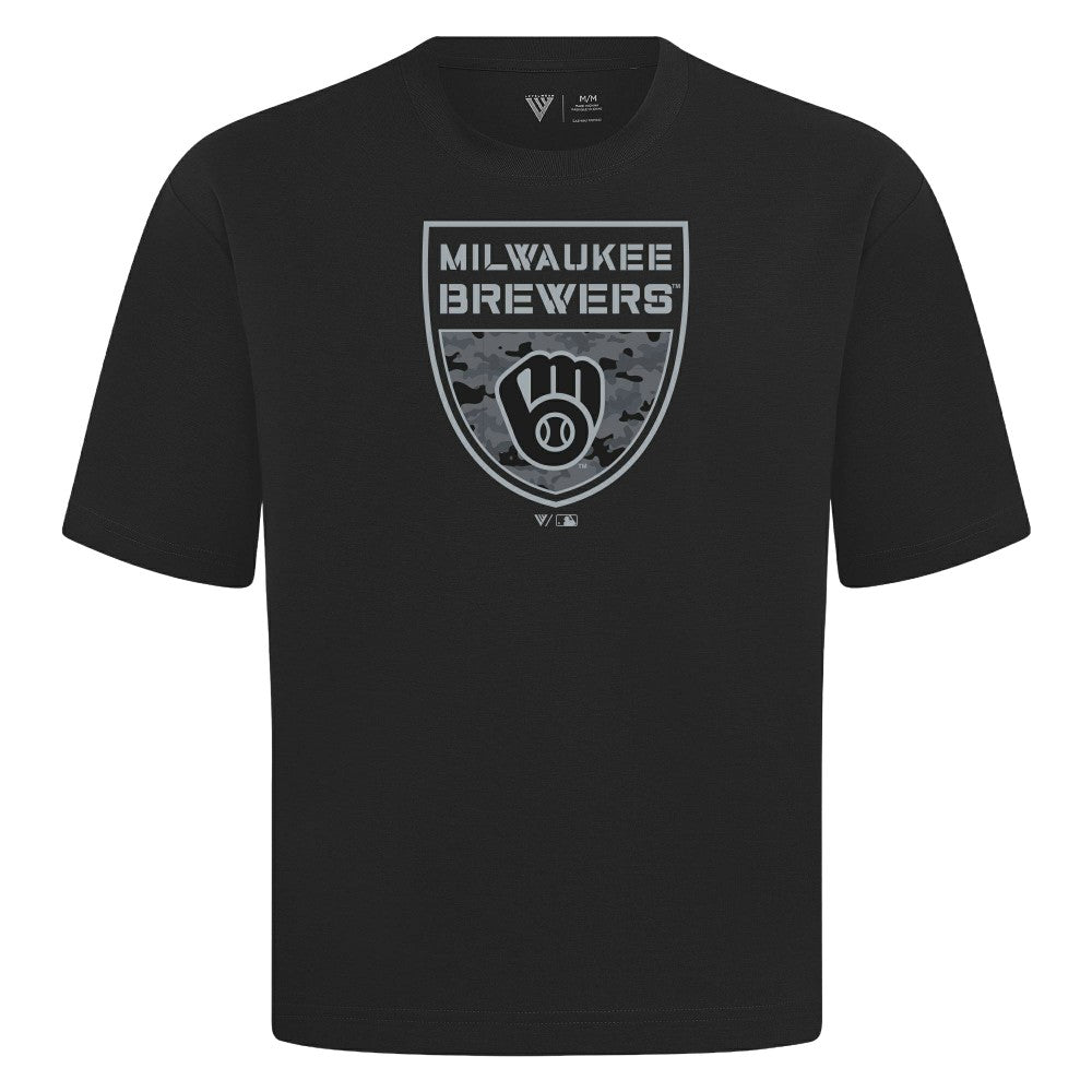 Milwaukee Brewers Levelwear Oversized Luxe Signature Knit Buckler T-Shirt - Black