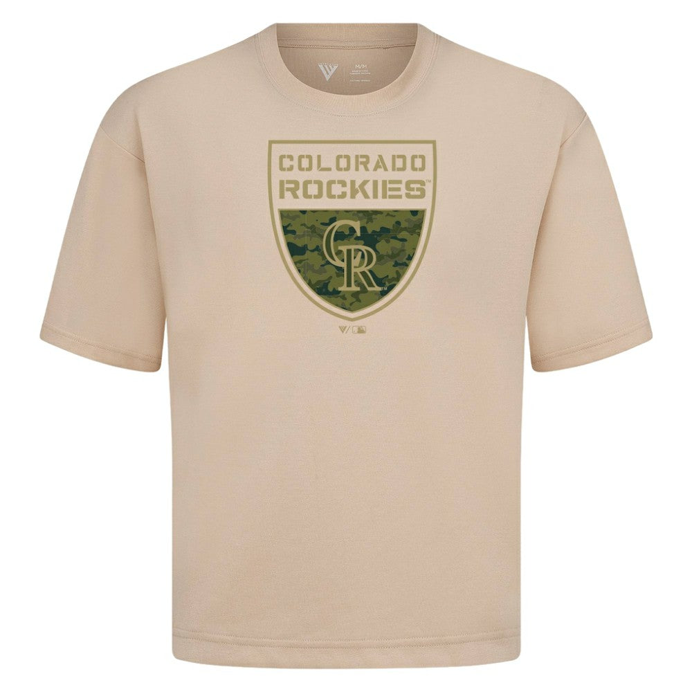 Colorado Rockies Levelwear Oversized Luxe Signature Knit Buckler T-Shirt - Khaki