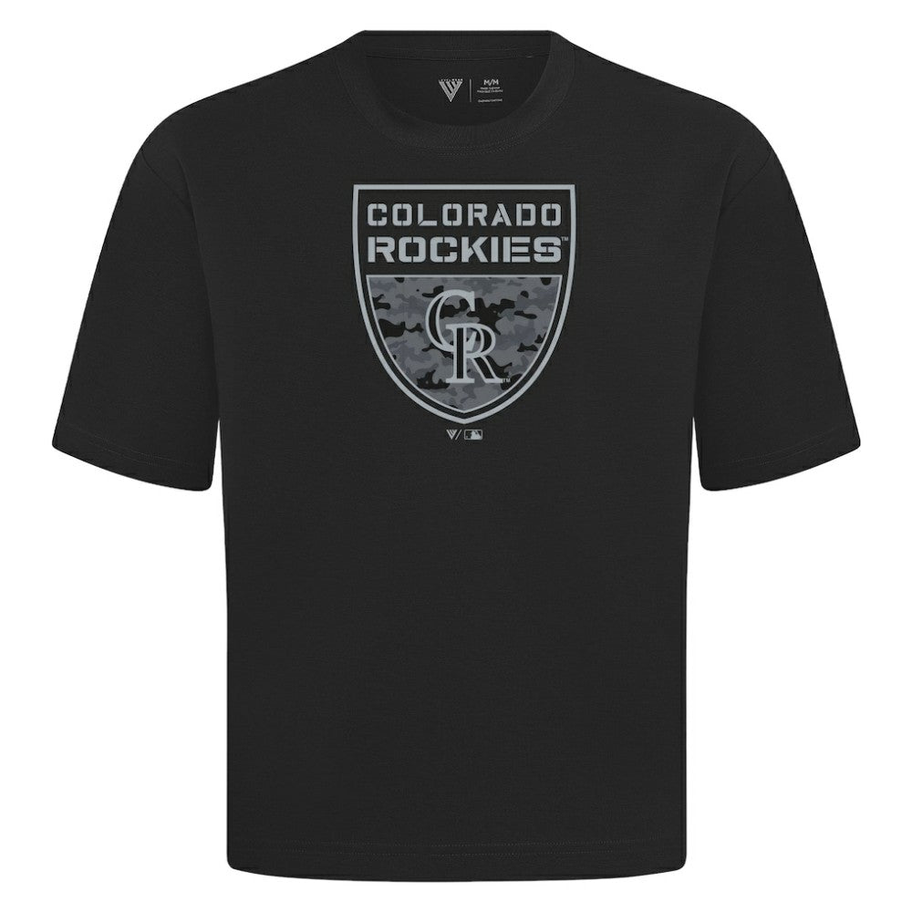 Colorado Rockies Levelwear Oversized Luxe Signature Knit Buckler T-Shirt - Black