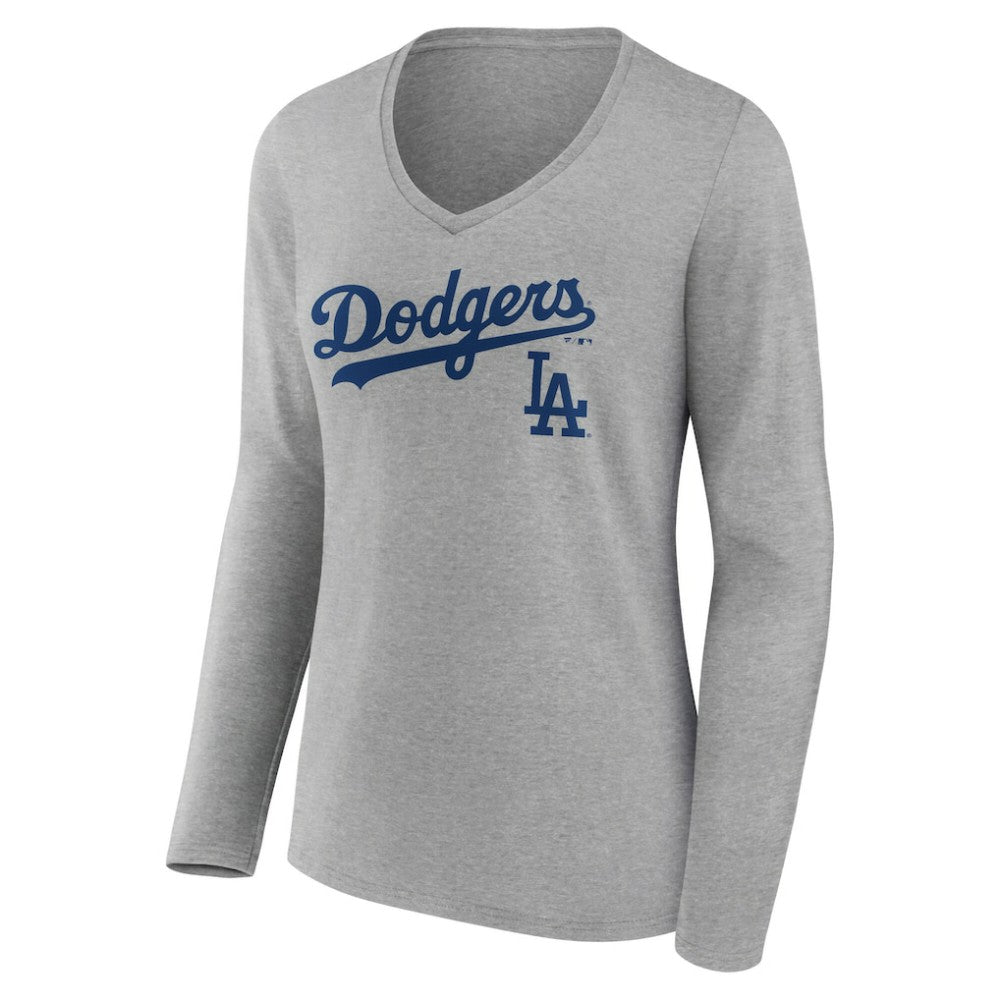 Los Angeles Dodgers Women's Team Lockup Long Sleeve V-Neck T-Shirt - Gray