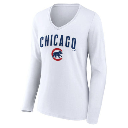 Chicago Cubs Women's Team Lockup Long Sleeve V-Neck T-Shirt - White