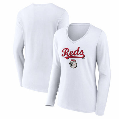 Cincinnati Reds Women's Team Lockup Long Sleeve V-Neck T-Shirt - White