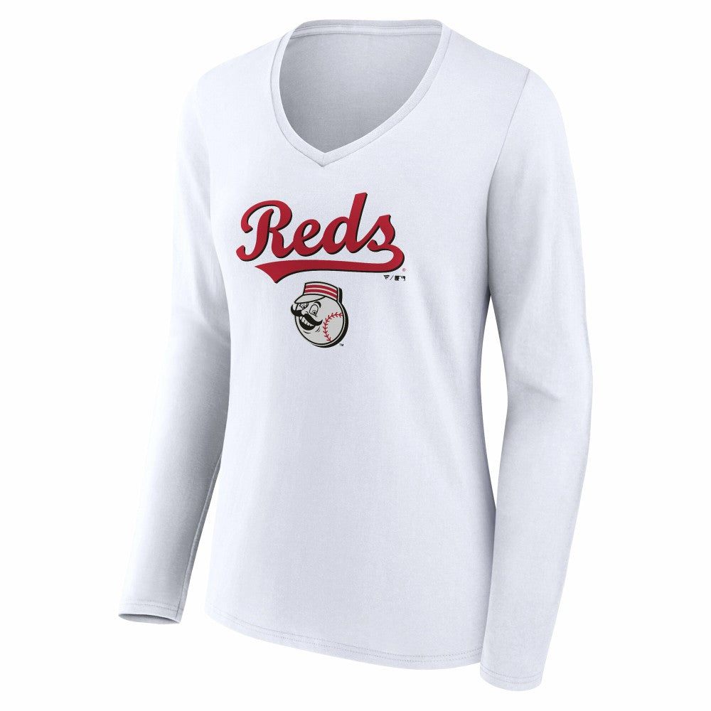Cincinnati Reds Women's Team Lockup Long Sleeve V-Neck T-Shirt - White