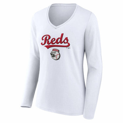 Cincinnati Reds Women's Team Lockup Long Sleeve V-Neck T-Shirt - White