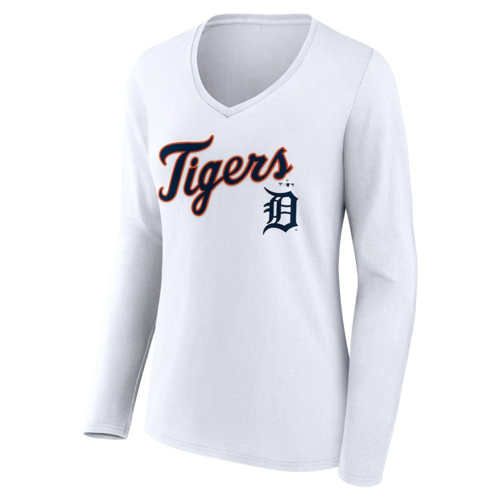 Detroit Tigers Women's Team Lockup Long Sleeve V-Neck T-Shirt - White