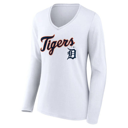 Detroit Tigers Women's Team Lockup Long Sleeve V-Neck T-Shirt - White