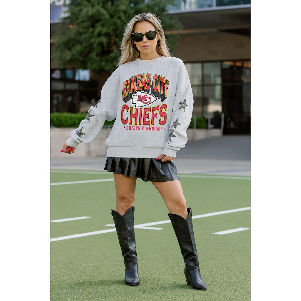 Kansas City Chiefs Gameday Couture Women's Resilience Relaxed Rhinestone Pullover Sweatshirt - Ash discount