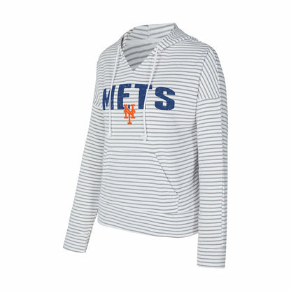 New York Mets Concepts Sport Women's Liftoff Striped V-Neck Hoodie - White/Gray