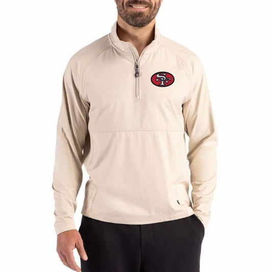 San Francisco 49ers Cutter & Buck Adapt Eco Knit Hybrid Recycled Quarter-Zip Jacket - Light Brown on sale
