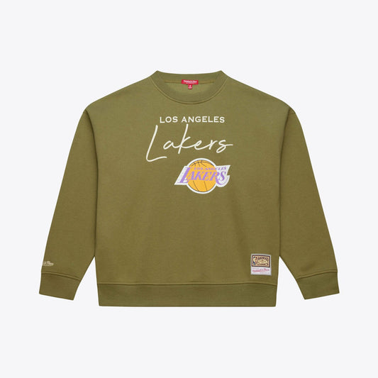 Los Angeles Lakers Women's Lightweight Script Sweatshirt - Olive | Mitchell & Ness outlet