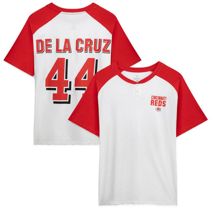 Elly De La Cruz Cincinnati Reds Profile Women's Plus Size Name & Number Raglan Henley T-Shirt - White