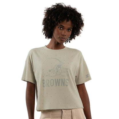 Cleveland Browns Starter Women's Rhinestone Sprinkle Boxy Cropped T-Shirt - Khaki discount