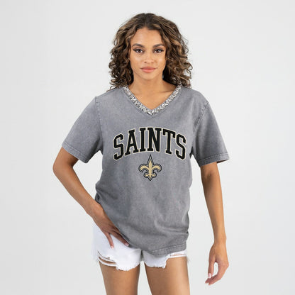 New Orleans Saints Gameday Couture Women's Relaxed Iconic Edge Rhinestone V-Neck T-Shirt - Gray sale
