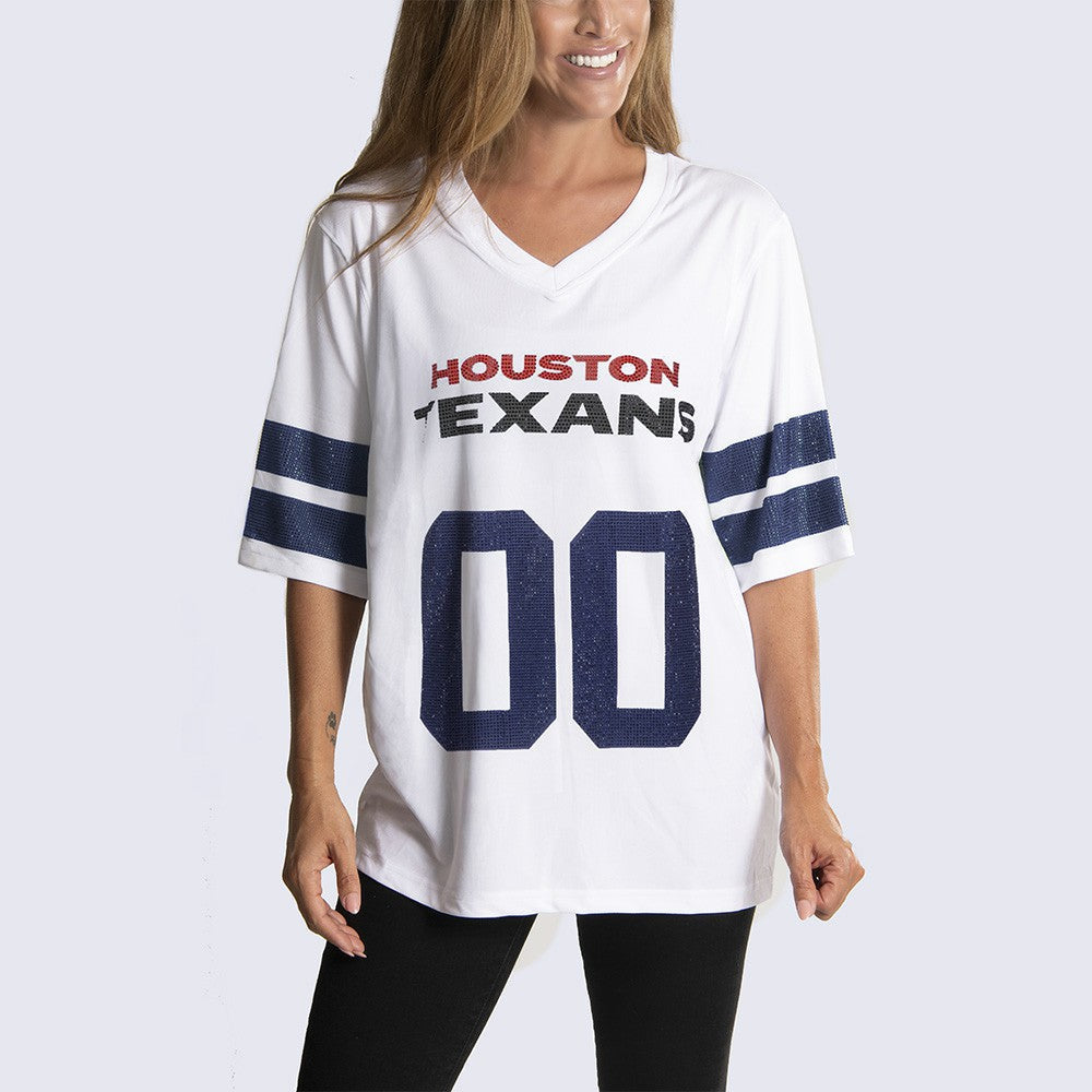 Houston Texans Cuce Women's Rhinestone V-Neck Tunic - White for sale