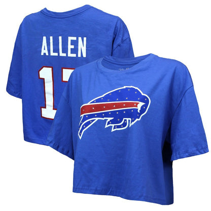 Josh Allen Buffalo Bills Majestic Threads Women's Swarovski Crystals Boxy Cropped Name & Number T-Shirt - Royal cheap