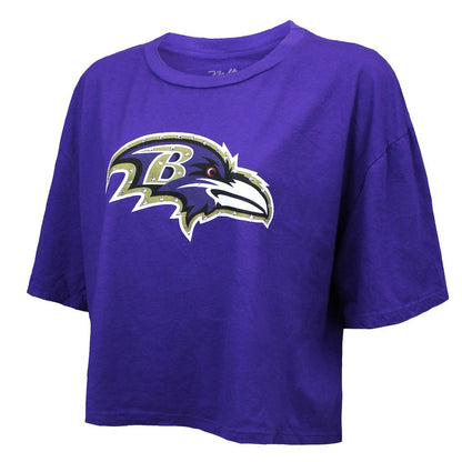 Lamar Jackson Baltimore Ravens Majestic Threads Women's Swarovski Crystals Boxy Cropped Name & Number T-Shirt - Purple cheap