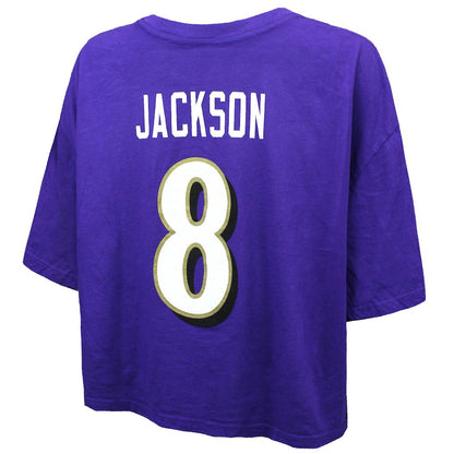 Lamar Jackson Baltimore Ravens Majestic Threads Women's Swarovski Crystals Boxy Cropped Name & Number T-Shirt - Purple cheap