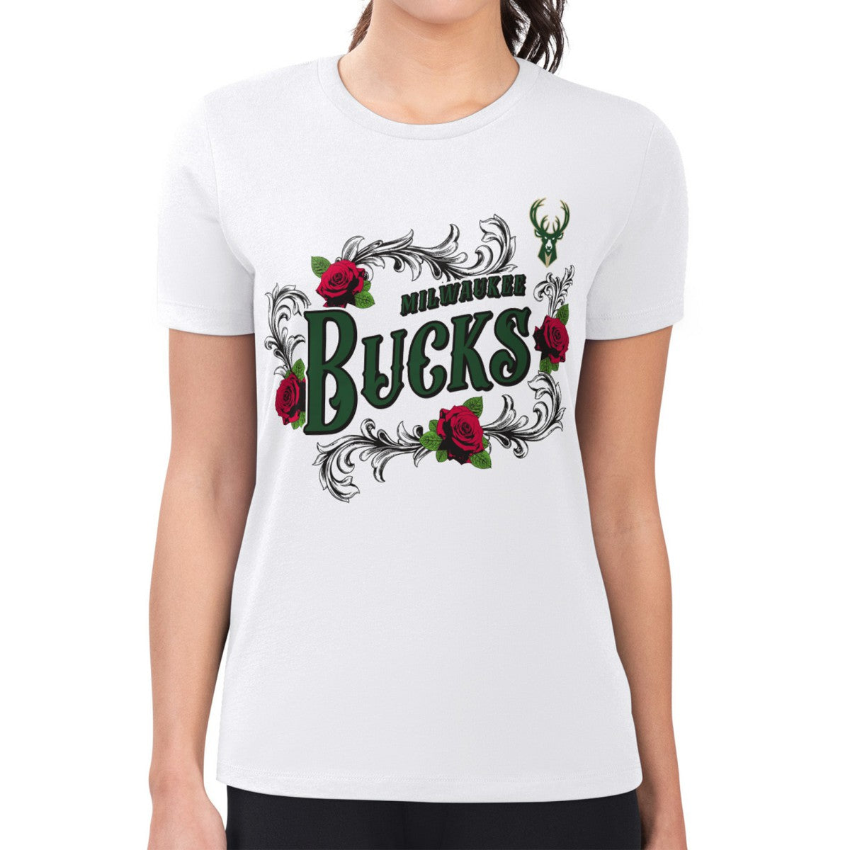 Milwaukee Bucks G-III 4Her by Carl Banks Women's Super-Slim Fit Lightweight Roses Crew Neck T-Shirt - White for sale