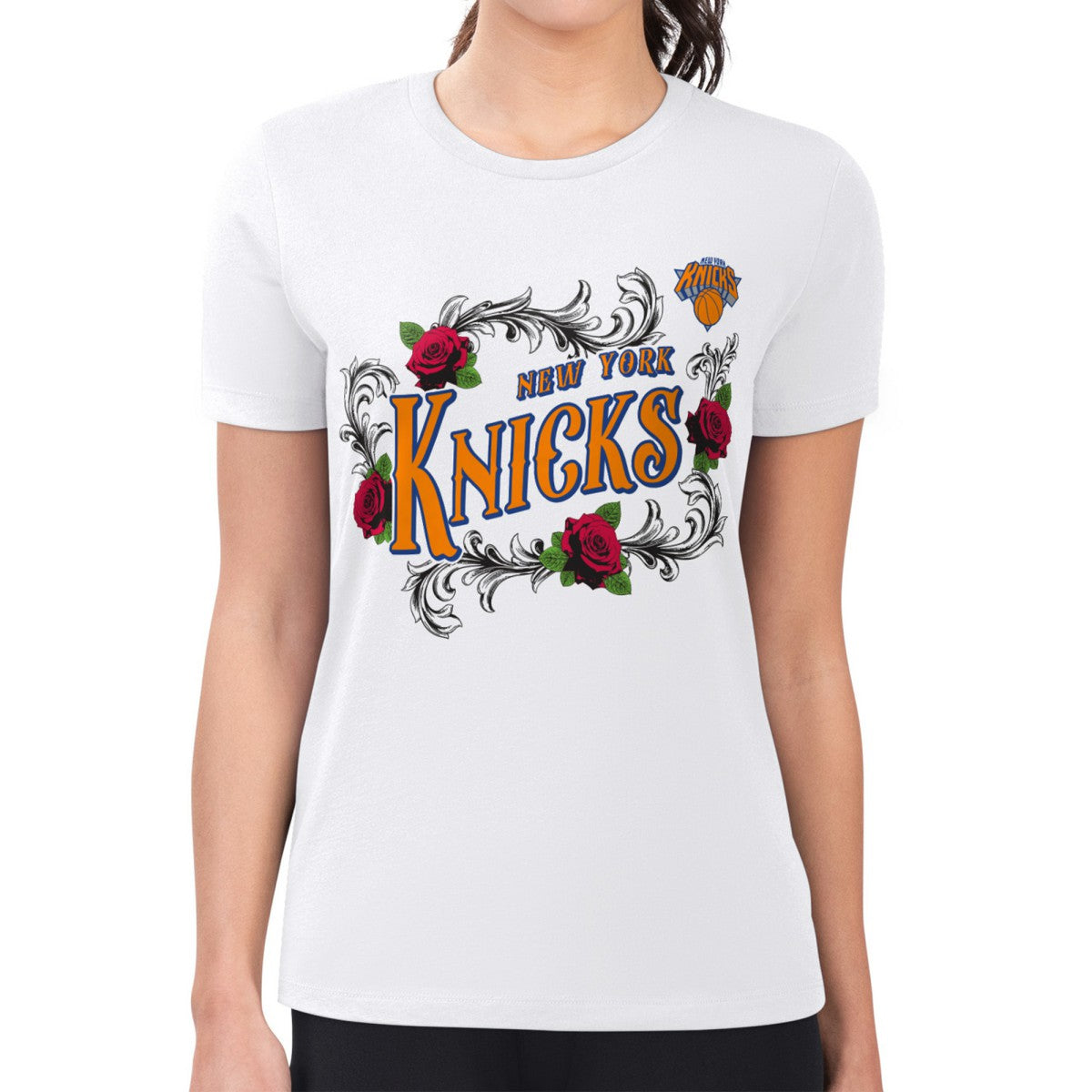 New York Knicks G-III 4Her by Carl Banks Women's Super-Slim Fit Lightweight Roses Crew Neck T-Shirt - White outlet