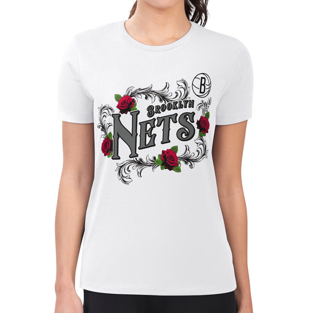 Brooklyn Nets G-III 4Her by Carl Banks Women's Super-Slim Fit Lightweight Roses Crew Neck T-Shirt - White on sale