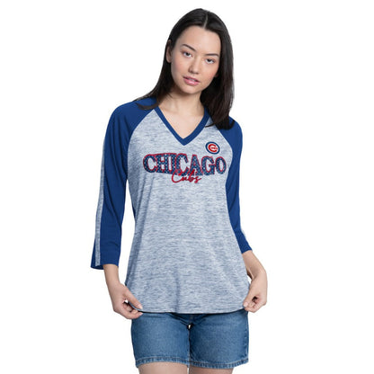 Chicago Cubs G-III 4Her by Carl Banks Women's Speed Training 3/4-Sleeve Rhinestone V-Neck T-Shirt - Royal/Heather Gray