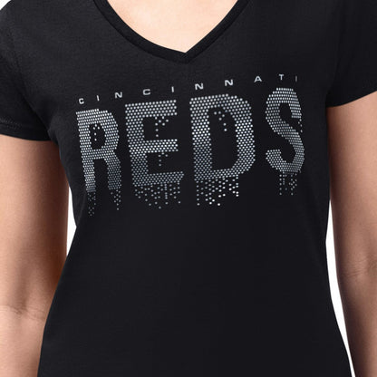 Cincinnati Reds G-III 4Her by Carl Banks Women's Metallic Drop Lightweight V-Neck T-Shirt - Black