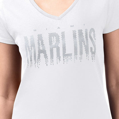 Miami Marlins G-III 4Her by Carl Banks Women's Metallic Drop Lightweight V-Neck T-Shirt - White