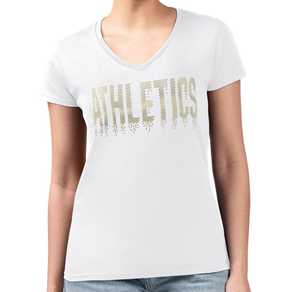 Athletics G-III 4Her by Carl Banks Women's Metallic Drop Lightweight V-Neck T-Shirt - White