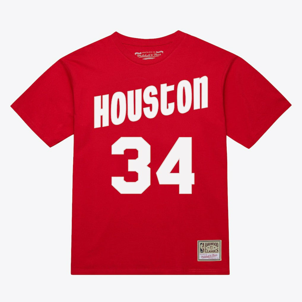 Hakeem Olajuwon Houston Rockets Unisex Hardwood Classics Name & Number T-Shirt sale - Red | Mitchell & Ness on sale