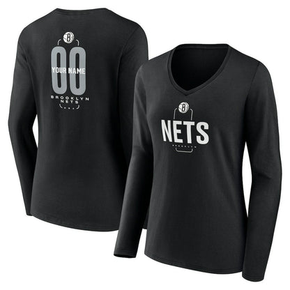 Brooklyn Nets Women's Center Court Name & Number Custom Long Sleeve V-Neck T-Shirt - Black sale