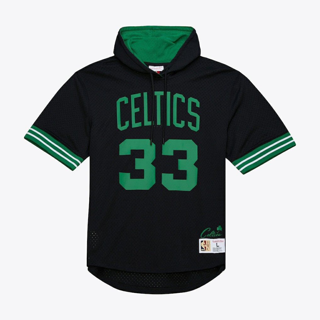 Larry Bird Boston Celtics Mesh Name & Number Short Sleeve Hoodie - Black | Mitchell & Ness discount