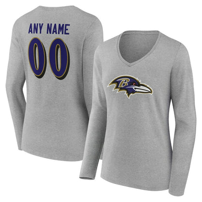 Baltimore Ravens Women's Team Authentic Personalized Name & Number Long Sleeve V-Neck T-Shirt - Gray sale