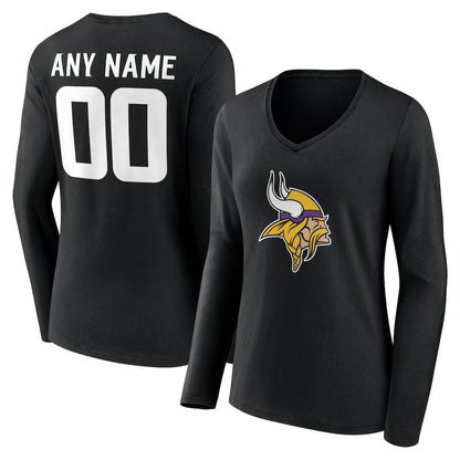 Minnesota Vikings Women's Team Authentic Personalized Name & Number Long Sleeve V-Neck T-Shirt - Black for sale