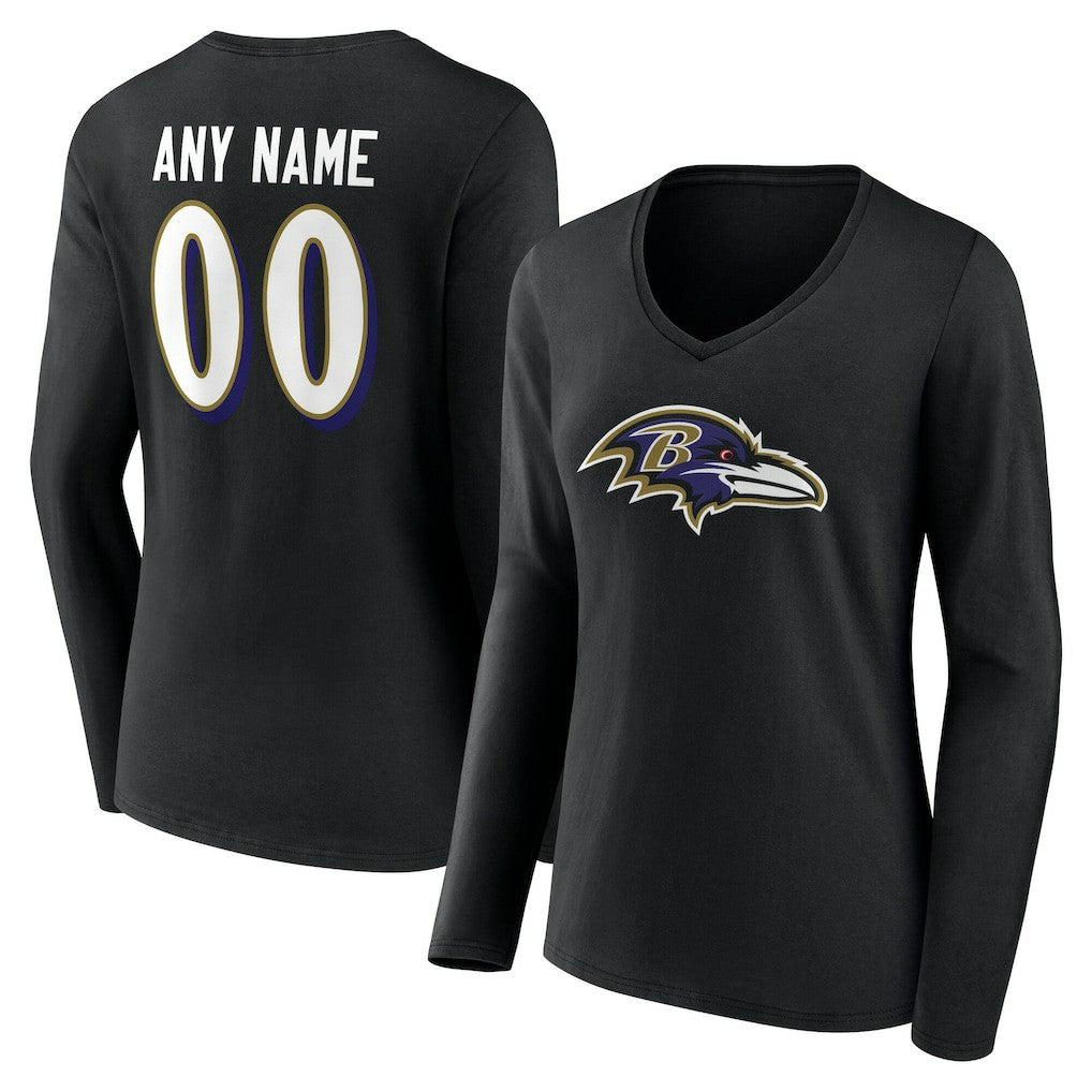 Baltimore Ravens Women's Team Authentic Personalized Name & Number Long Sleeve V-Neck T-Shirt - Black on sale