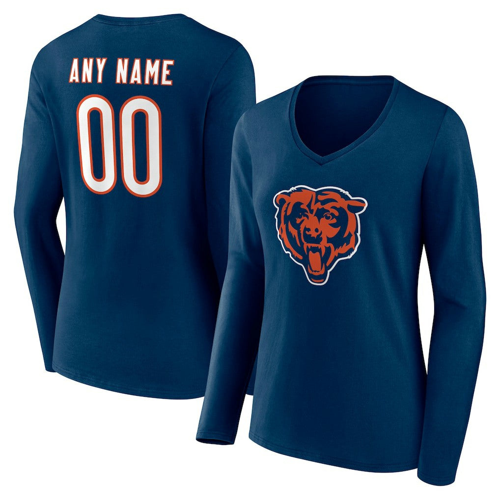 Chicago Bears Women's Team Authentic Personalized Name & Number Long Sleeve V-Neck T-Shirt - Navy discount