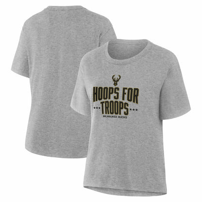 Milwaukee Bucks Women's Hoops For Troops T-Shirt - Gray for sale