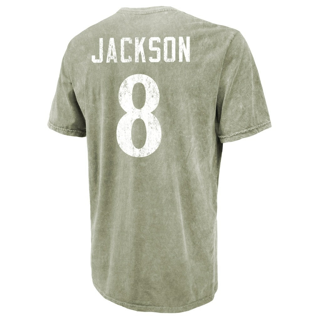 Lamar Jackson Baltimore Ravens Majestic Threads Mineral Wash Name & Number T-Shirt - Moss Green cheap