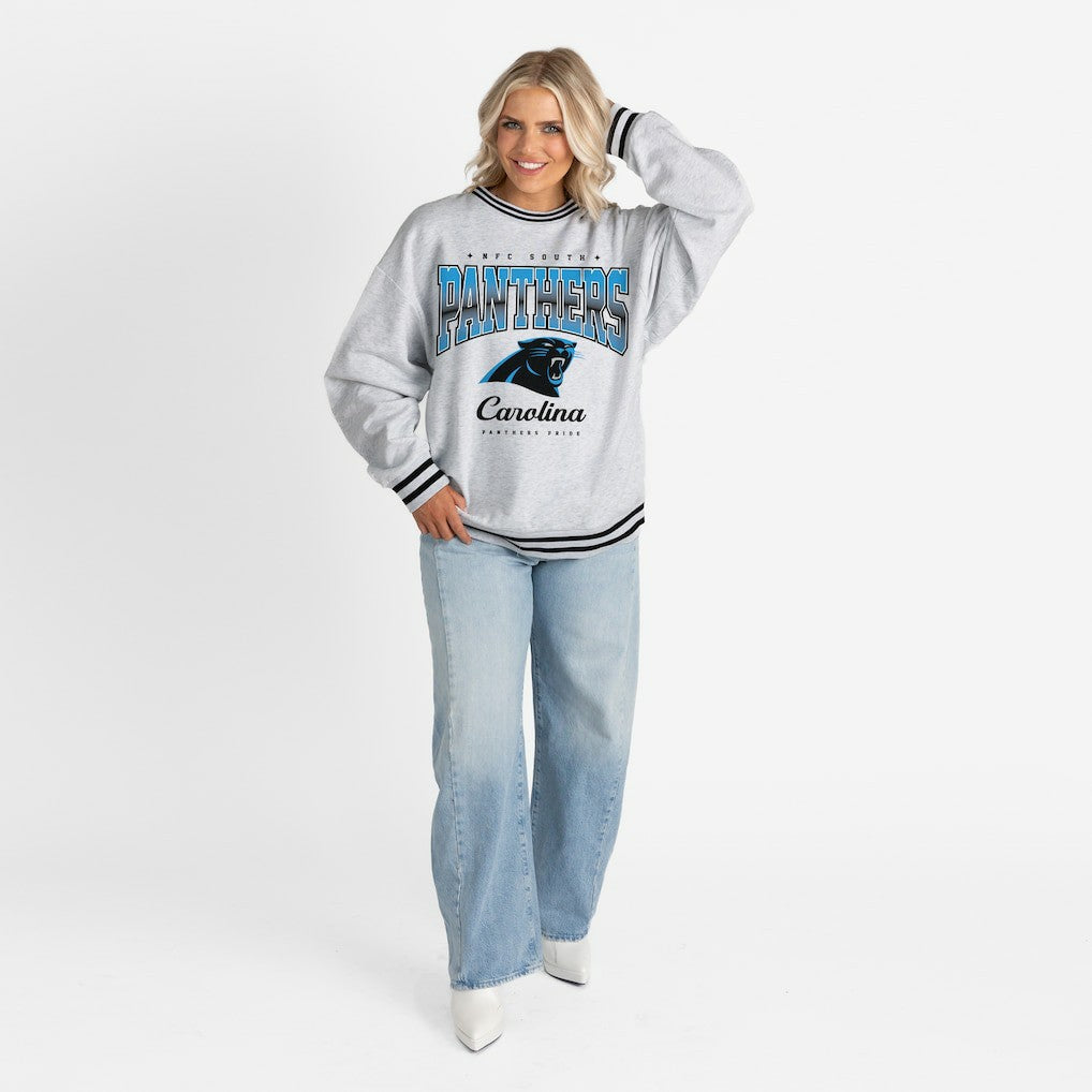 Carolina Panthers Gameday Couture Women's Oversized Gridiron Drive Ringer Stripe Sweatshirt - Ash/Black outlet