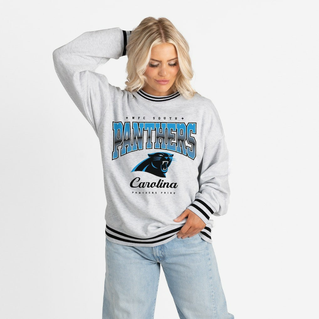 Carolina Panthers Gameday Couture Women's Oversized Gridiron Drive Ringer Stripe Sweatshirt - Ash/Black outlet